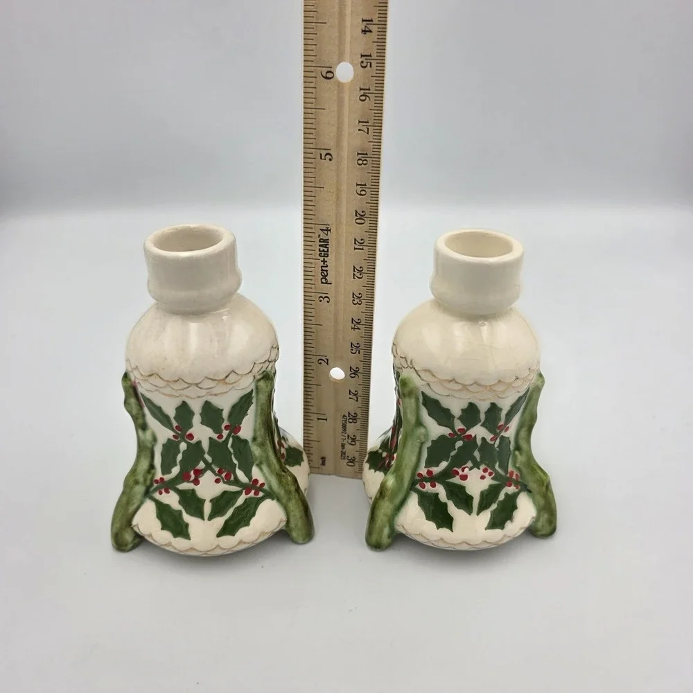 2 Green Holly & Red‎ Berry Gold Trim Ceramic Candle Holders Taper Christmas